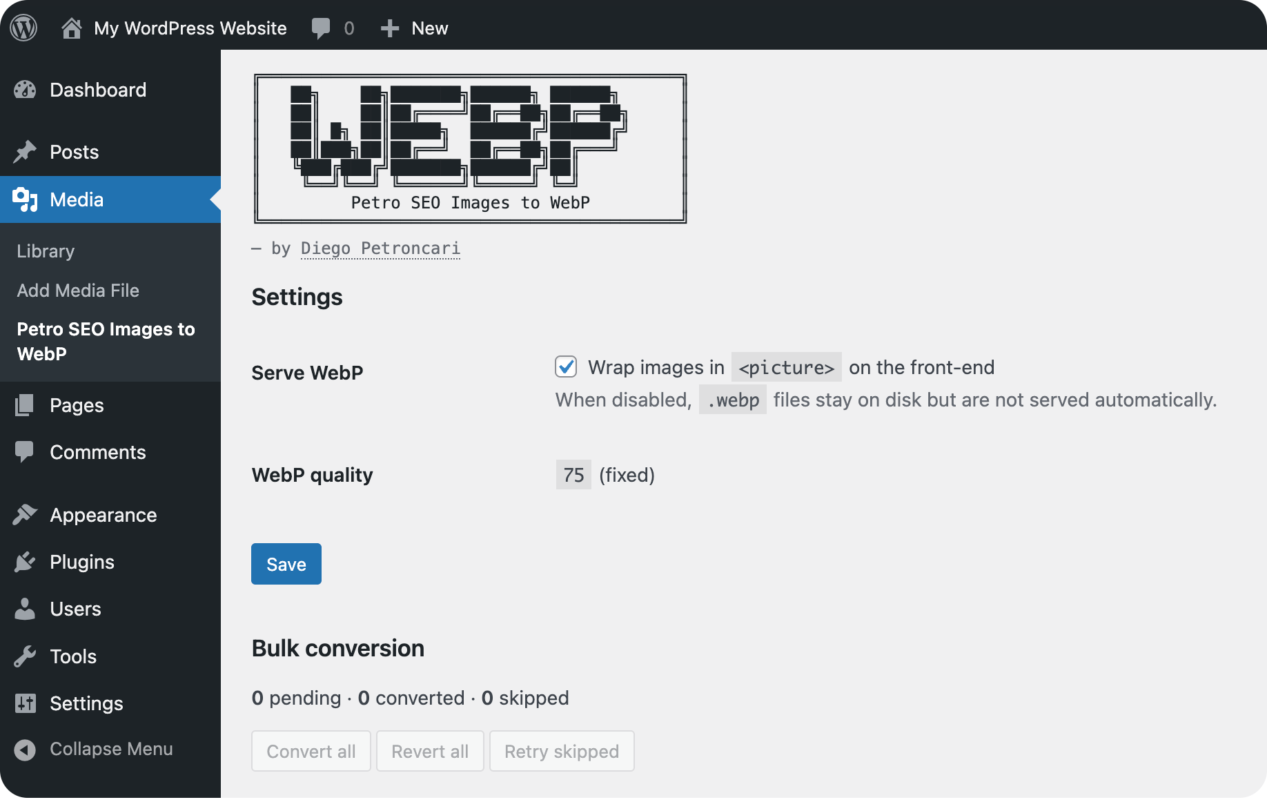 Tela de administração do plugin Petro SEO Images to WebP no painel do WordPress, mostrando o cabeçalho em ASCII art, configurações de qualidade do WebP e o painel de conversão em massa.